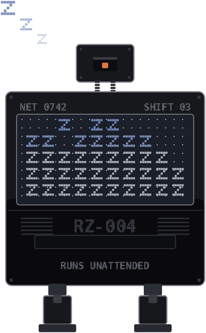 RZ-004, the worker, the panel as it prints.