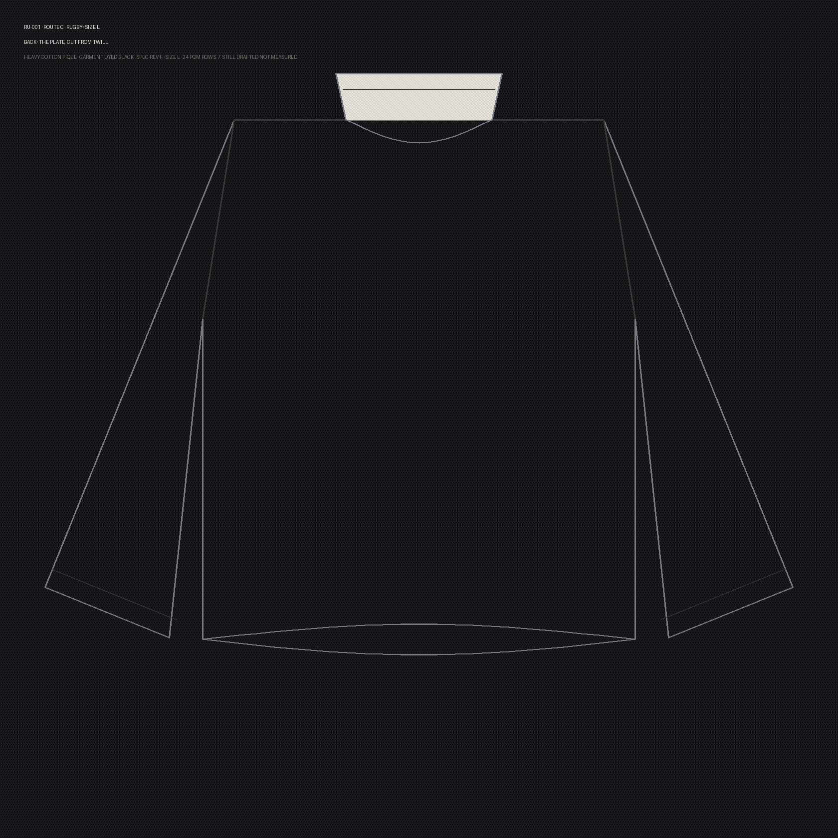 RU-001 back: long sleeve, black body, bone twill collar.