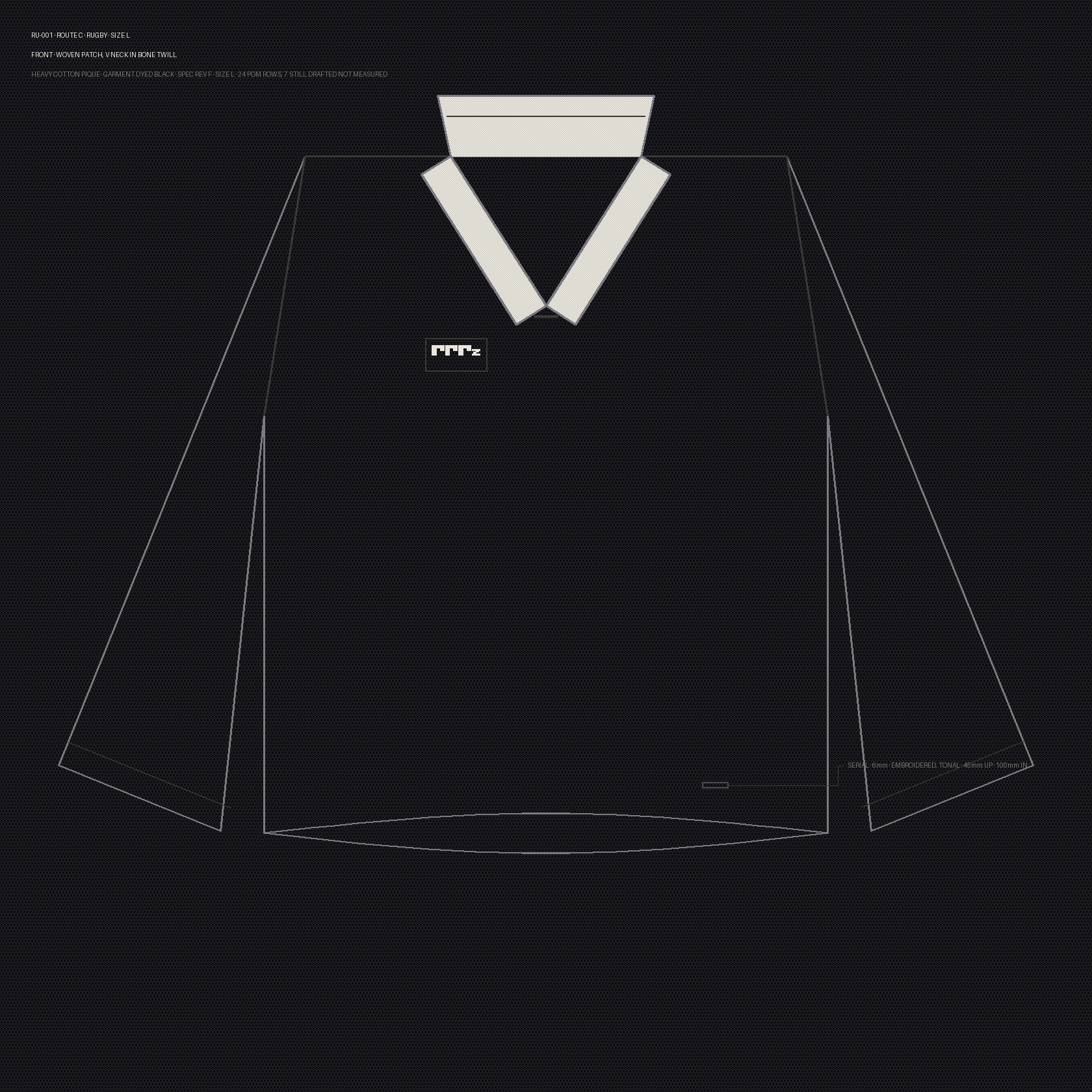 RU-001 front: V neck, no placket, twill rugby collar in bone.