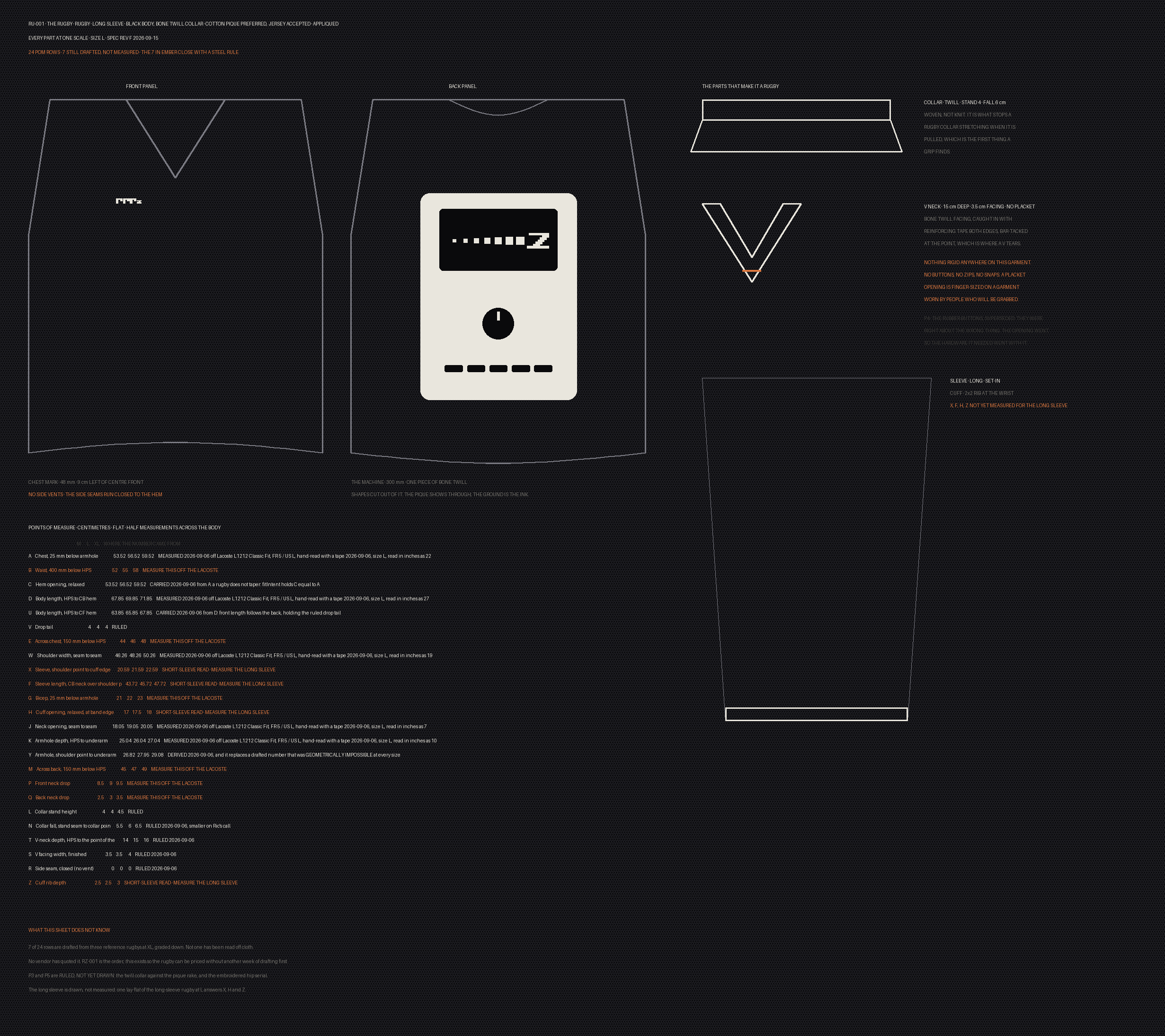 RU-001 flat: every panel of the garment laid out at one scale.