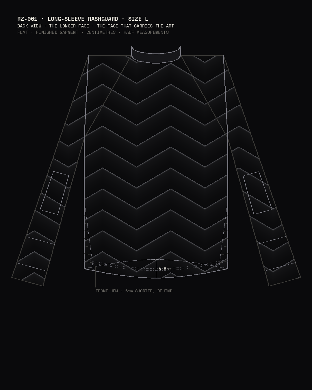 RZ-001 back: the finished garment flat at size L, in centimetres, half measurements.