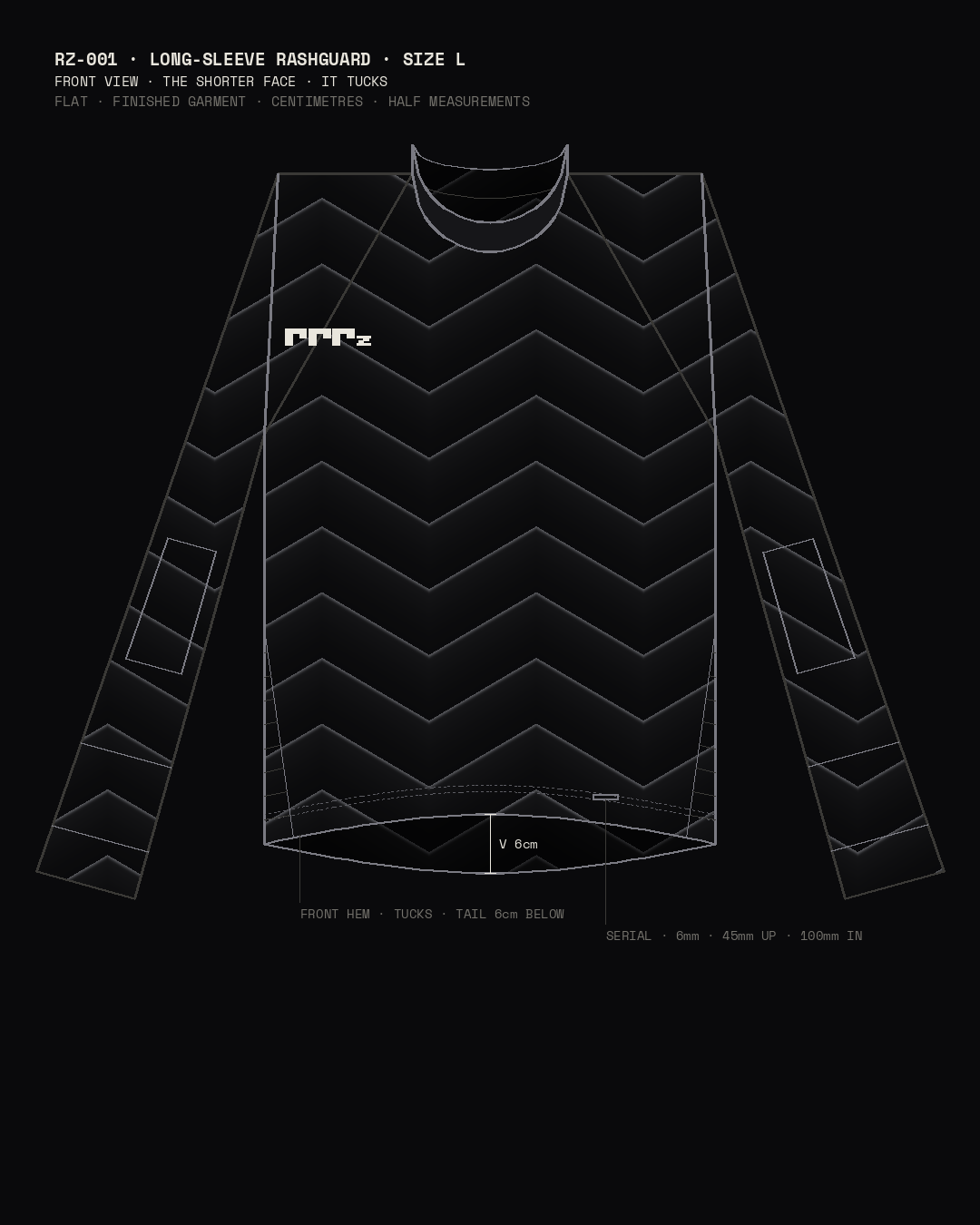 RZ-001 front: the finished garment flat at size L, in centimetres, half measurements.