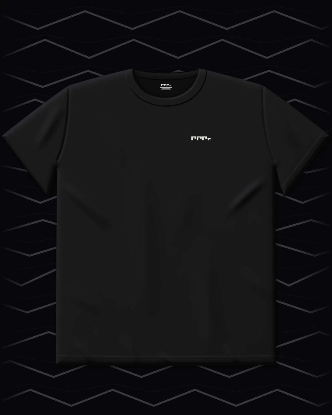 The tee from the front: black, the mark printed in bone on the left chest, the label printed in the neck.