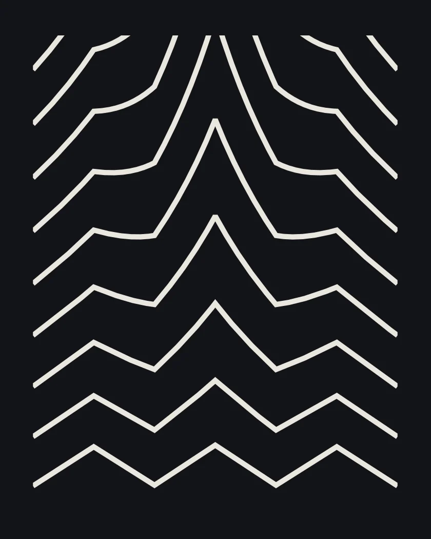 028, Pull: the rows drawn up into one peak at the centre, as if a single thread were pulled. Bone thread on black.