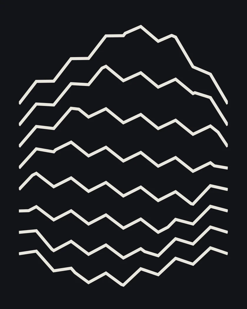 030, Play: uneven rows of zigzag inside a rounded outline, as if the thread were plucked. Bone thread on black.
