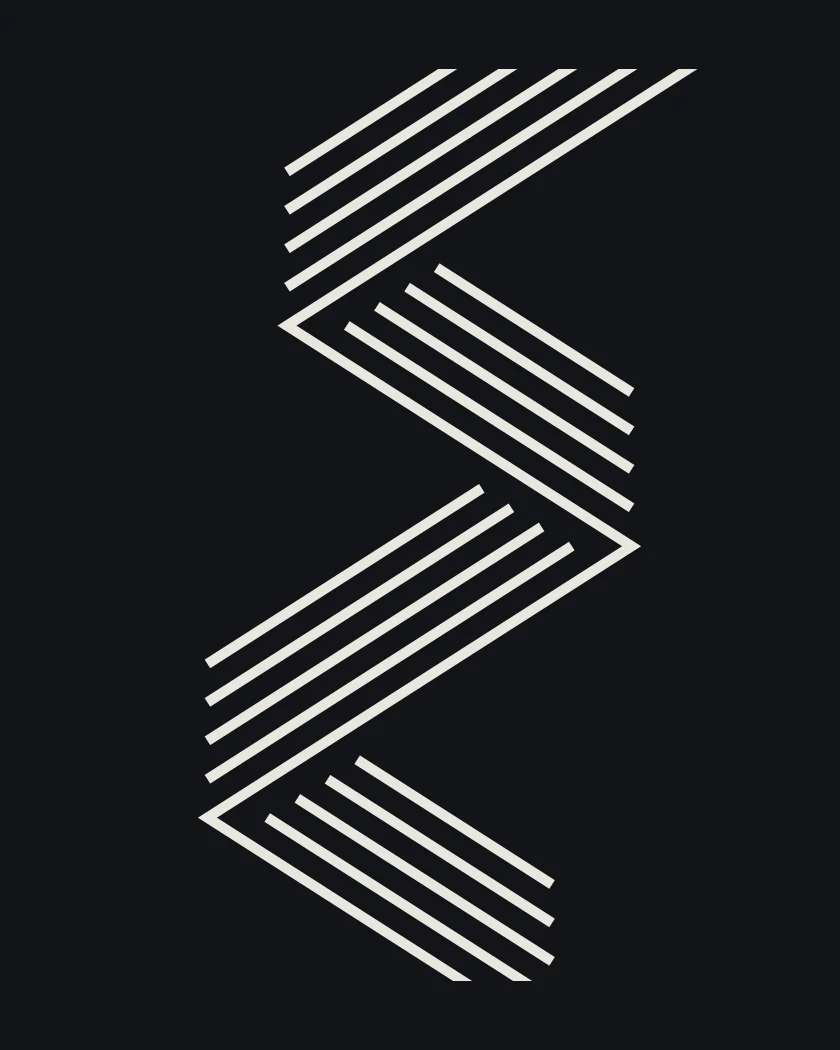 047, The Ascend: a bundle of threads zigzagging up the plate like a staircase. Bone thread on black.