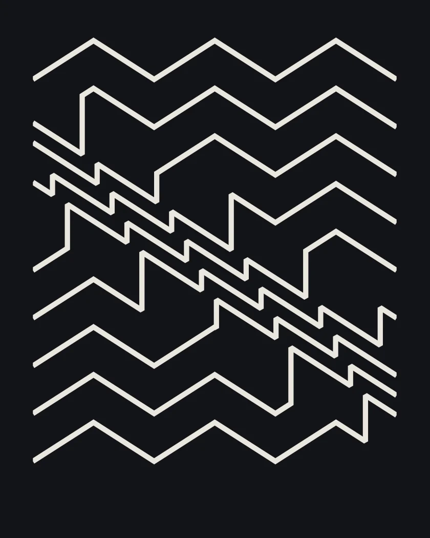 050, The Descent: rows of zigzag crossed by a stepped band falling from corner to corner. Bone thread on black.