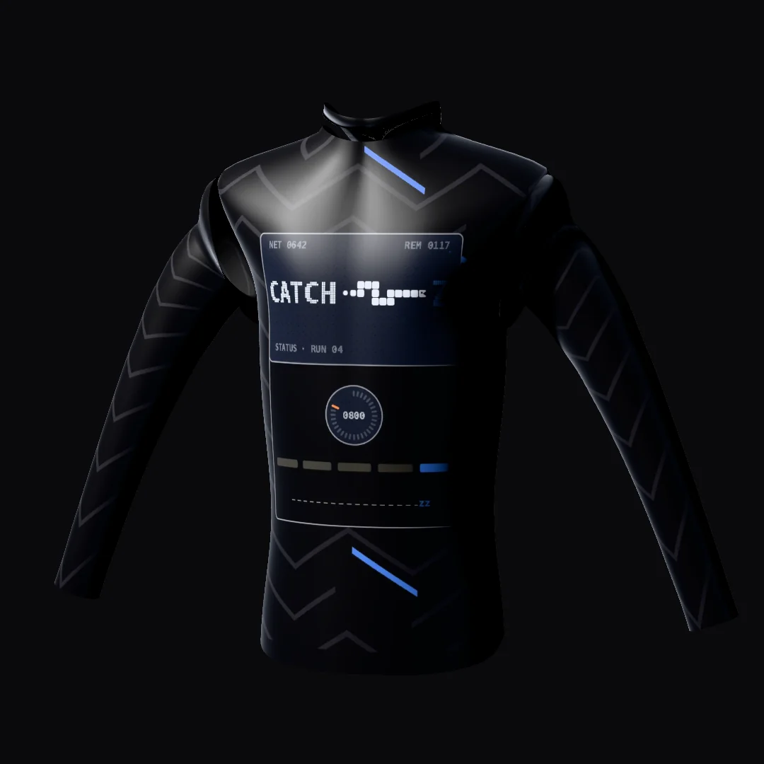 RZ-001 from behind, turned into one light: the dream machine between the shoulders, black on black.